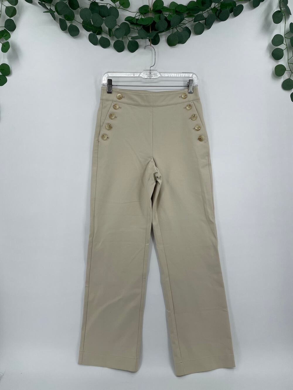 NWT Ann Taylor Cream High Rise Wide Leg Petite Trousers Gold Pocket Buttons 2P